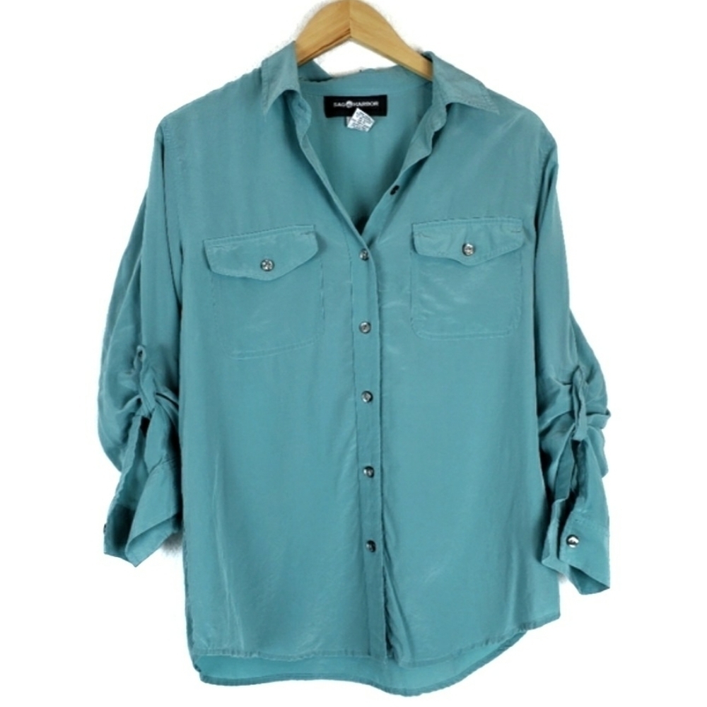 Sag harbor blue silk button down top